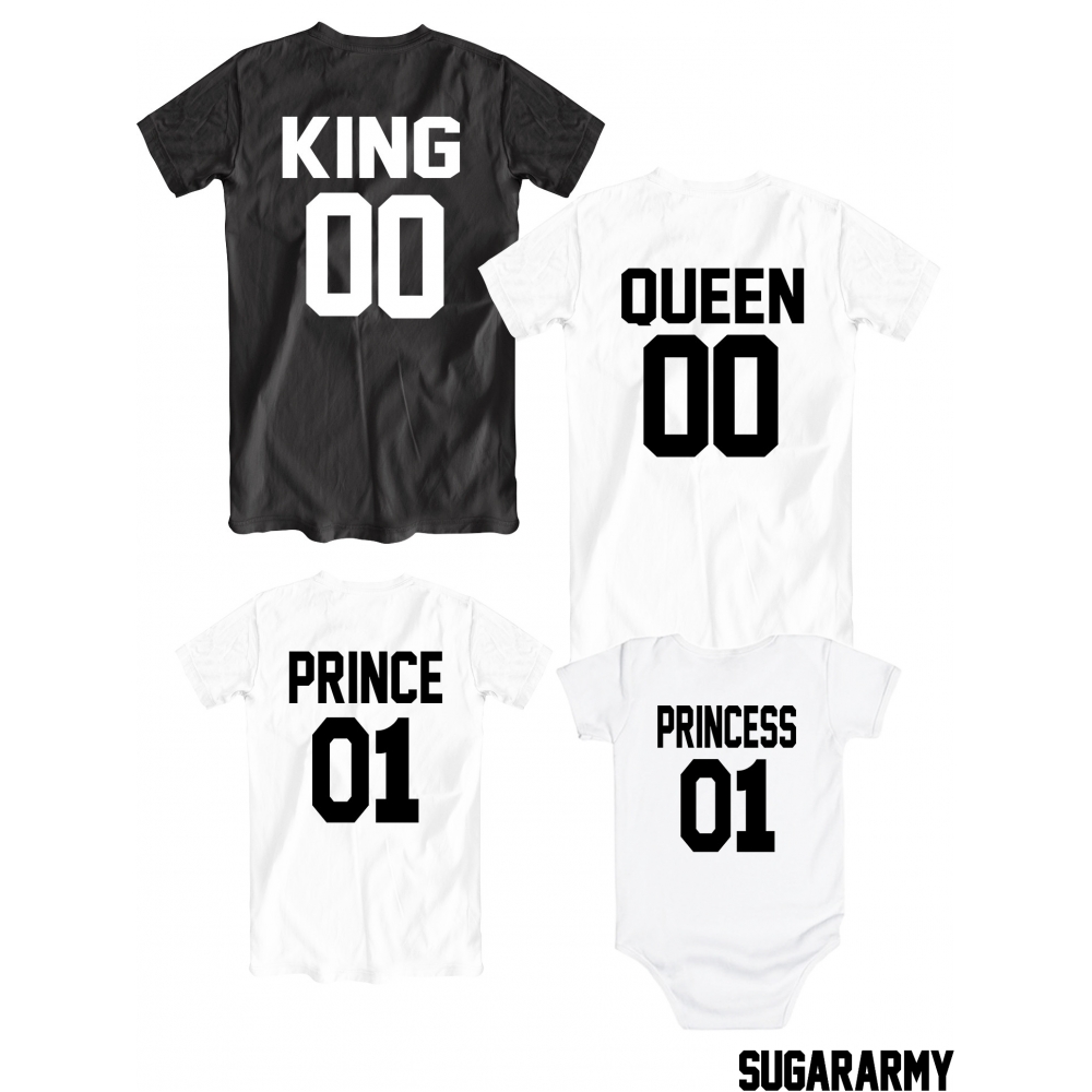Prince and Princess T-shirts set with white text on the back Queen Family King 