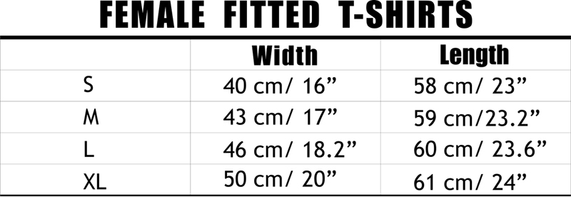 Female Fitted T-Shirts Size Chart